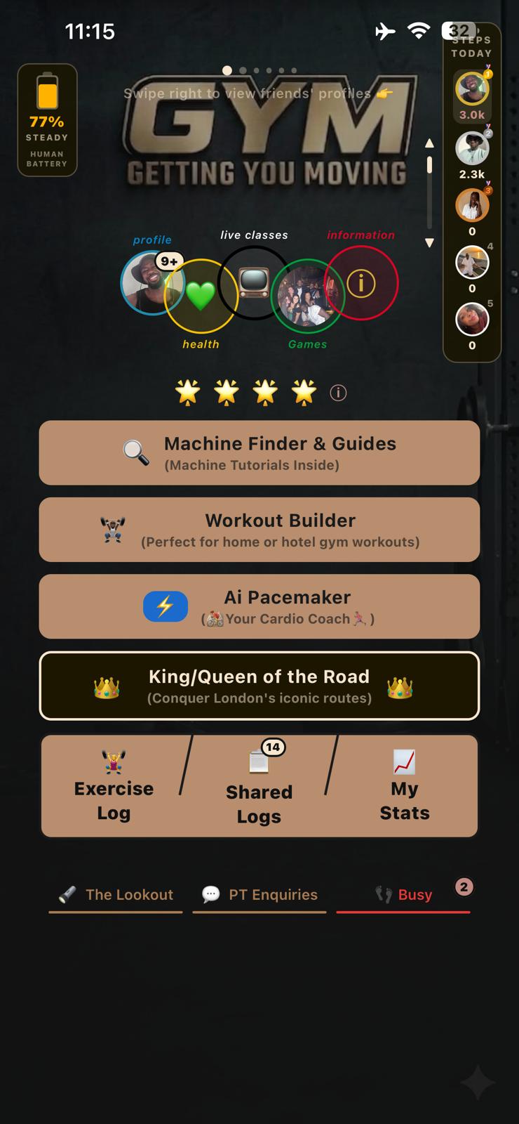 GYM home screen with logo, profile rings and feature buttons