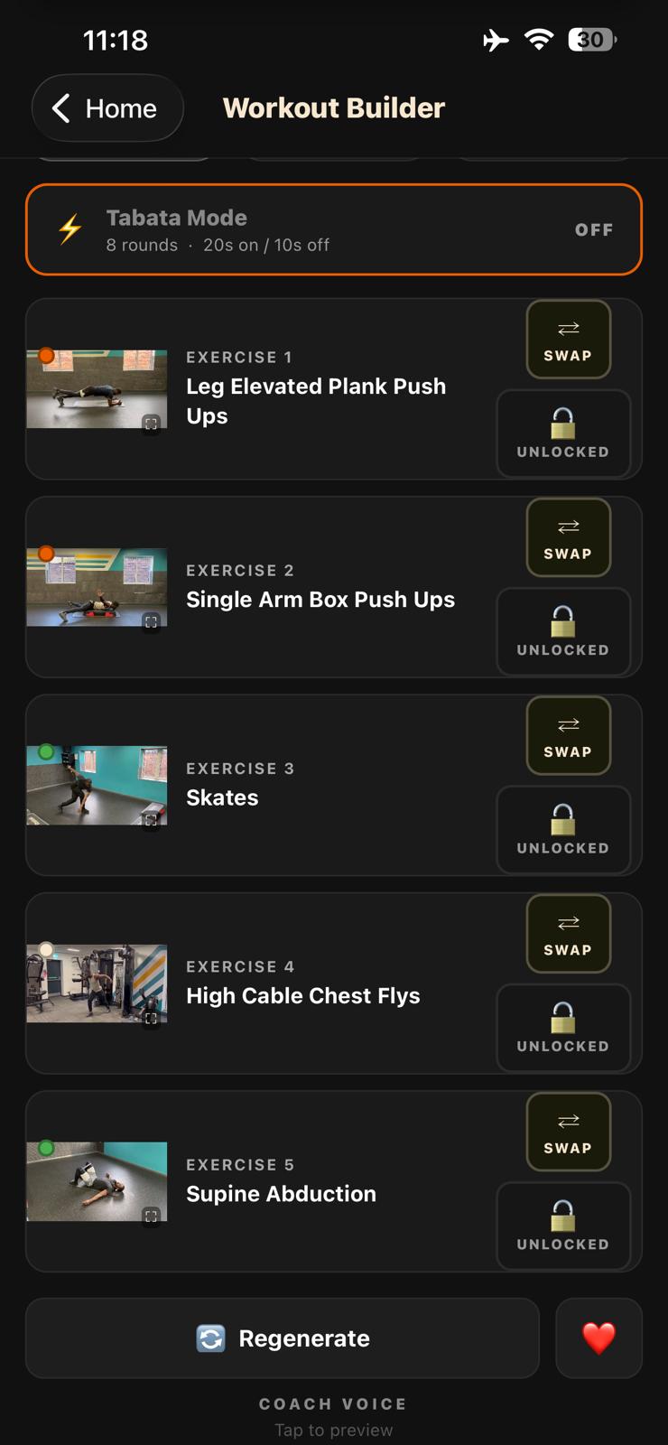 Workout Builder with Tabata mode and demo videos for each slot