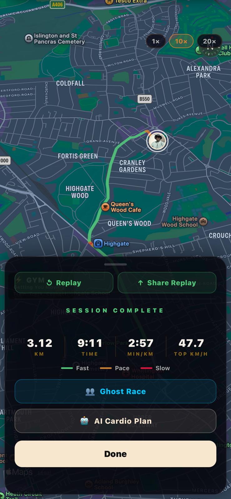 AI Pace Maker summary with route map, pace breakdown and stats